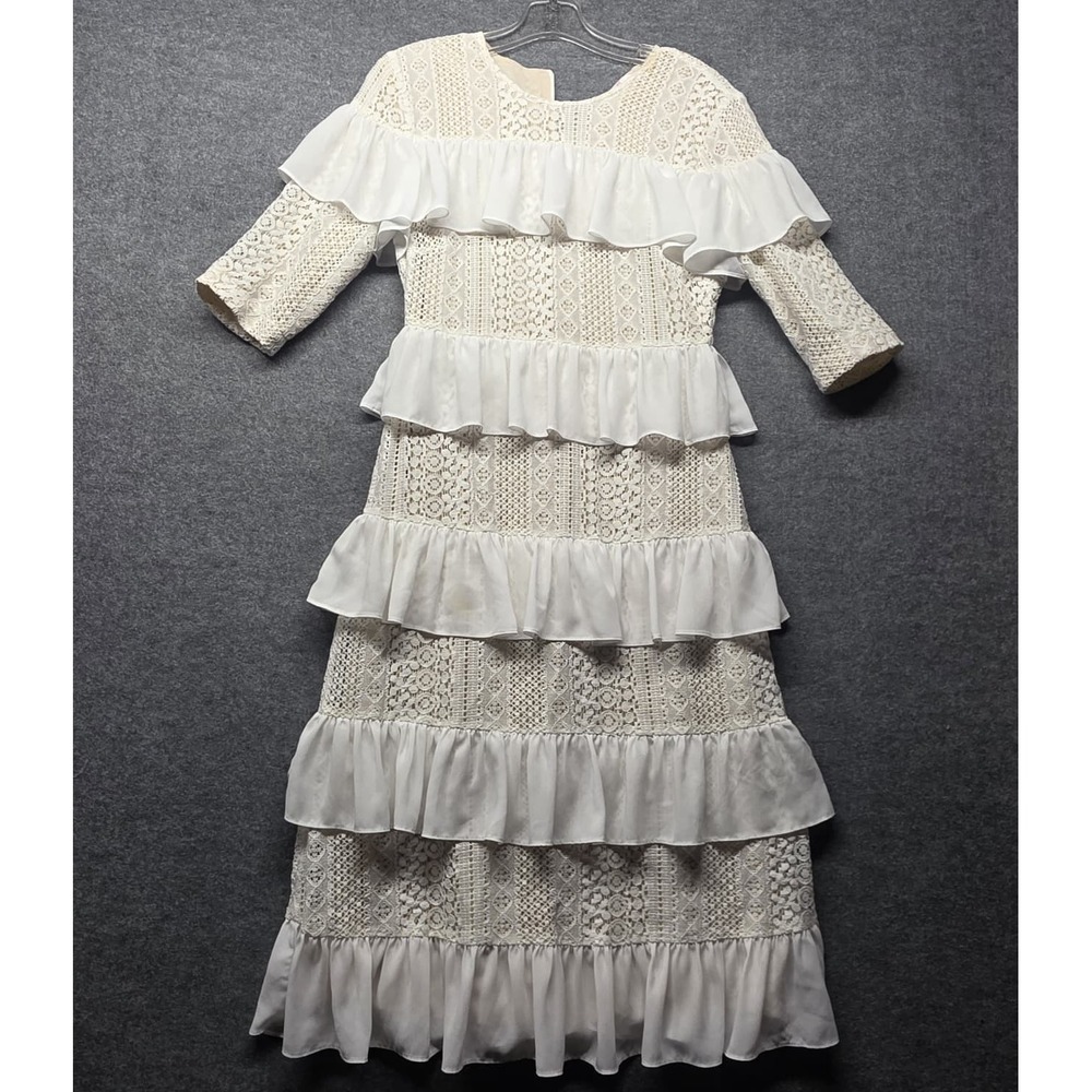 Esteem Couture New York White Lace Ruffle Tiered Maxi Dress Women's Size 8